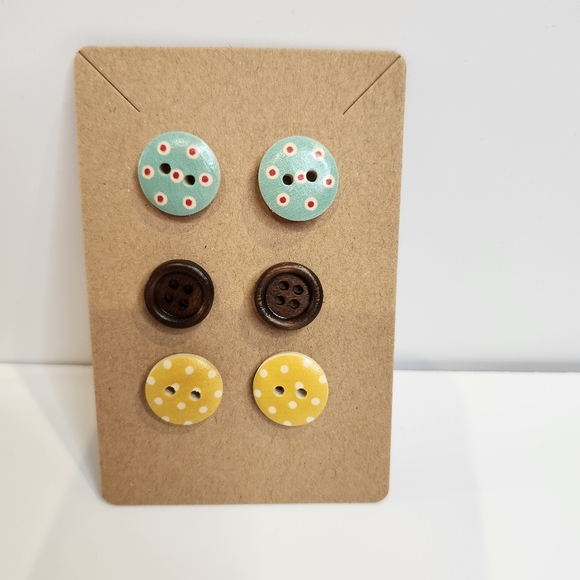 Cute Wooden Button Earrings Set of 3 Studs Yellow Light Blue Polka Dots Artsy - Picture 4 of 4